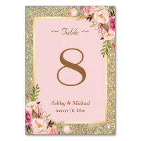 Gold Glitter Pink Floral Wedding Table Number