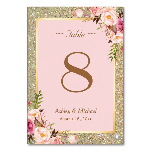 Gold Glitter Pink Floral Wedding Table Number