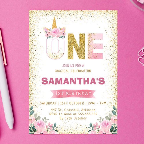Gold Glitter Pink Flowers Unicorn 1st Birthday Invitation