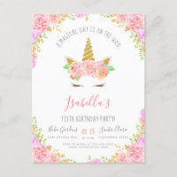 Gold Glitter & Pink Flowers Unicorn Birthday Party Invitation Postcard