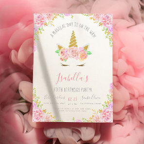 Gold Glitter & Pink Flowers Unicorn Birthday Party Invitation Postcard