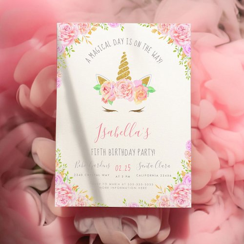 Gold Glitter  Pink Flowers Unicorn Birthday Party Invitation Postcard