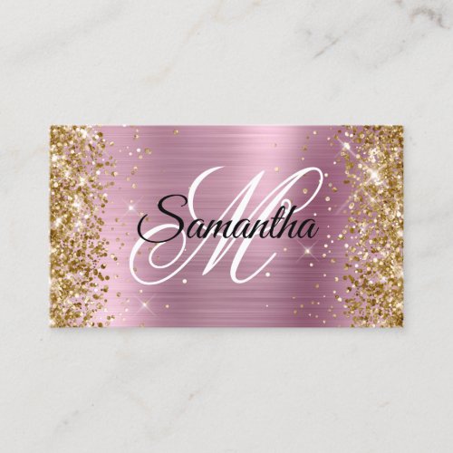Gold Glitter Pink Foil Fancy Monogram Business Card