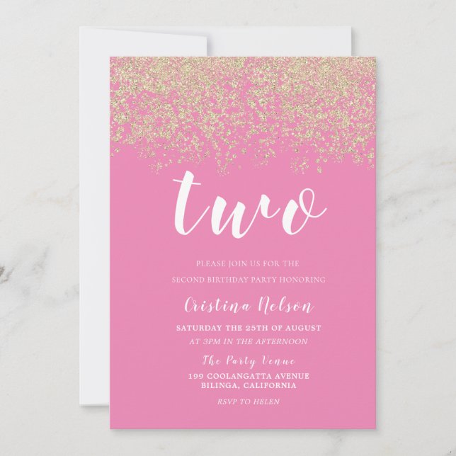 Gold Glitter Pink Girls 2nd Birthday Party Invitation (Front)