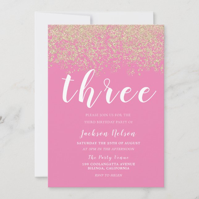 Gold Glitter Pink Girls 3rd Birthday Party Invitation (Front)