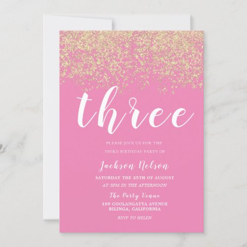 Gold Glitter Pink Girls 3rd Birthday Party Invitation