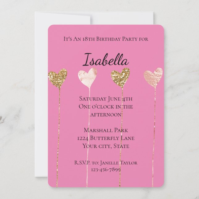 Gold Glitter Pink Glam Heart Strings Birthday Invitation (Back)