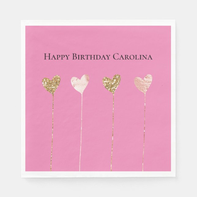 Gold Glitter Pink Glam Heart Strings Birthday Napkins (Front)