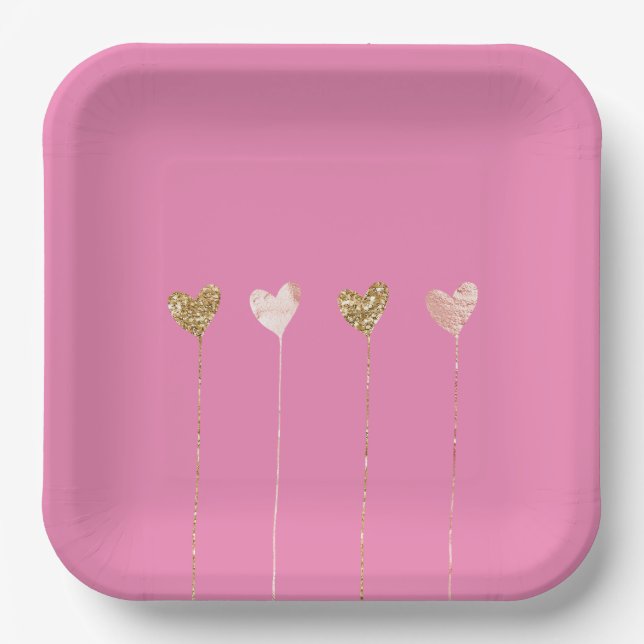 Gold Glitter Pink Glam Heart Strings Birthday Paper Plates (Front)