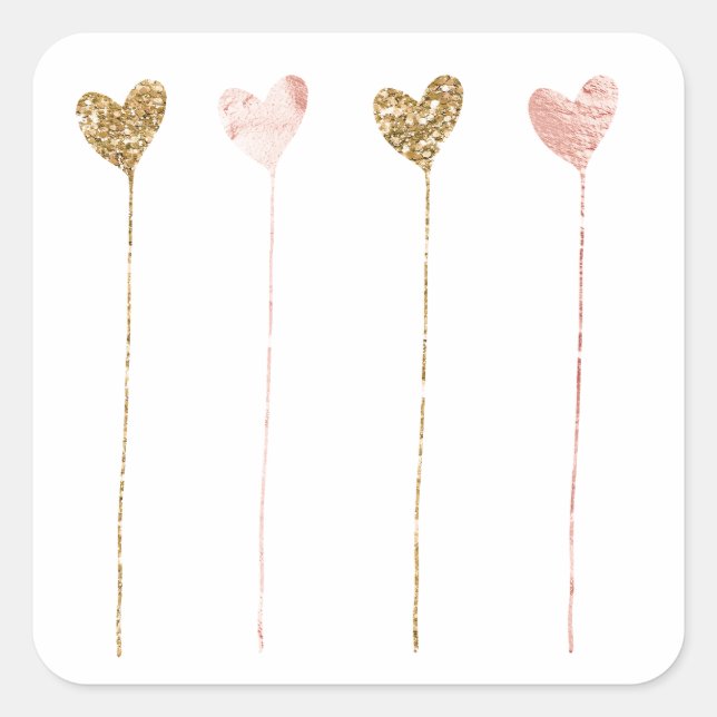 Gold Glitter Pink Glam Heart Strings Square Sticker (Front)
