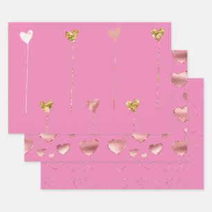 Gold Glitter Pink Glam Hearts Strings Wrapping Paper Sheets