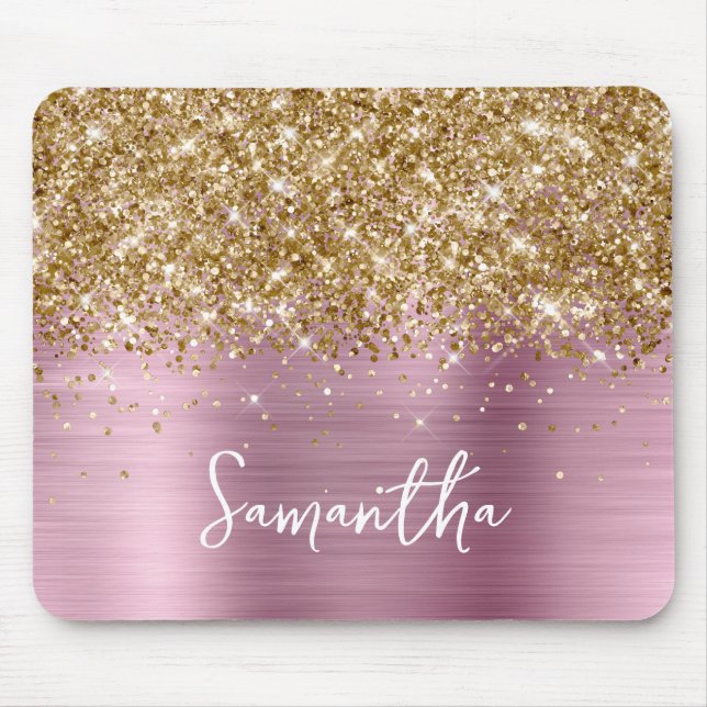 Gold Glitter Pink Glam Name Mouse Pad (Front)