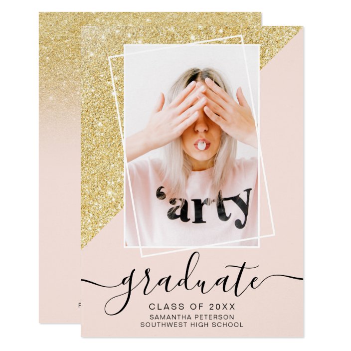 Gold Glitter Pink Graduate Photo Graduation Invitation 8563