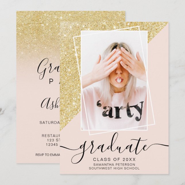 Gold Glitter pink graduate photo graduation Invitation (Front/Back)