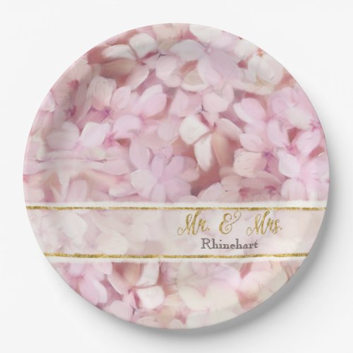 Gold Glitter Pink Hydrangea Flowers Mr and Mrs Paper Plates
