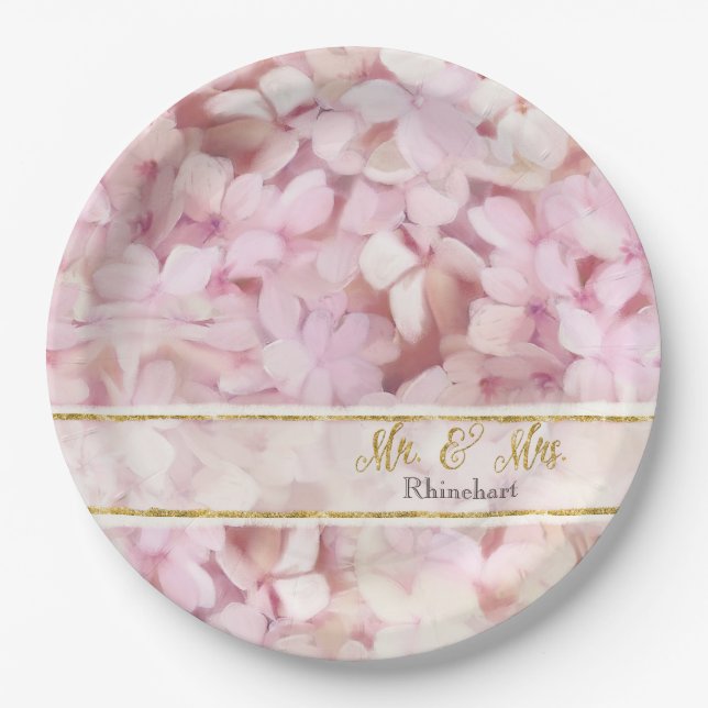 Gold Glitter Pink Hydrangea Flowers Mr. and Mrs. Paper Plates (Front)