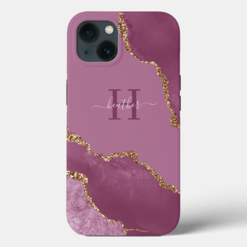 Gold Glitter Pink Marble Agate Monogram iPhone 13 Case