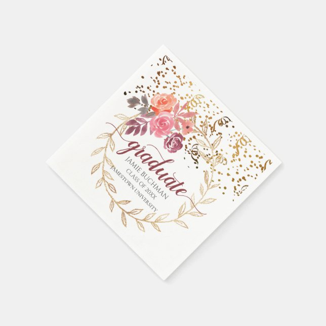 Gold Glitter Pink Marsala Floral Graduate Party Napkins (Corner)
