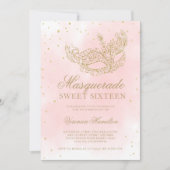 gold glitter pink masquerade mask Sweet 16 Invitation (Front)