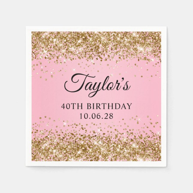 Gold Glitter Pink Ombre 40th Birthday Napkins (Front)