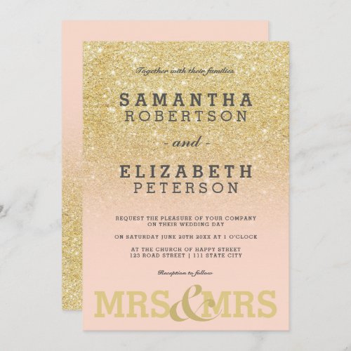 Gold glitter pink ombre lesbian wedding invitation