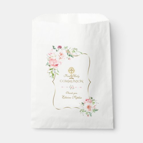 Gold Glitter Pink Peony Floral Holy Communion Favor Bag