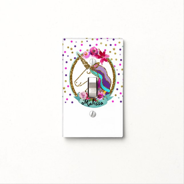Gold Glitter Pink Polka Dots Magical Unicorn Light Switch Cover (In Situ)