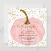 Gold glitter pink pumpkin watercolor baby shower invitation (Front)
