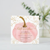 Gold glitter pink pumpkin watercolor baby shower invitation (Standing Front)