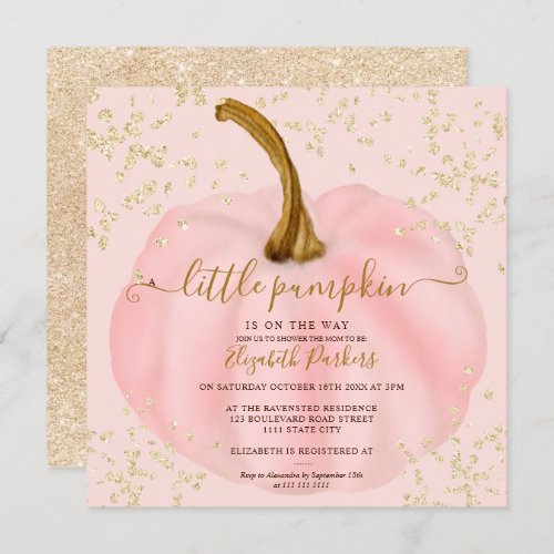 Gold glitter pink pumpkin watercolor baby shower invitation