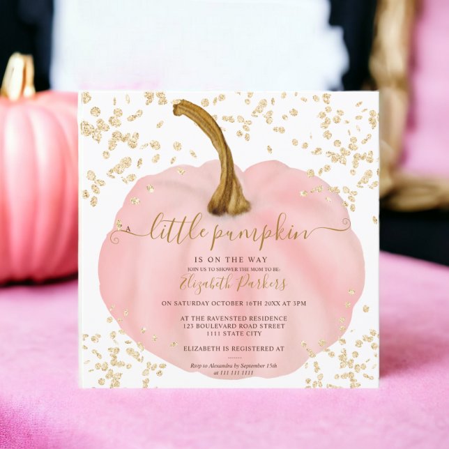 Gold glitter pink pumpkin watercolor baby shower invitation