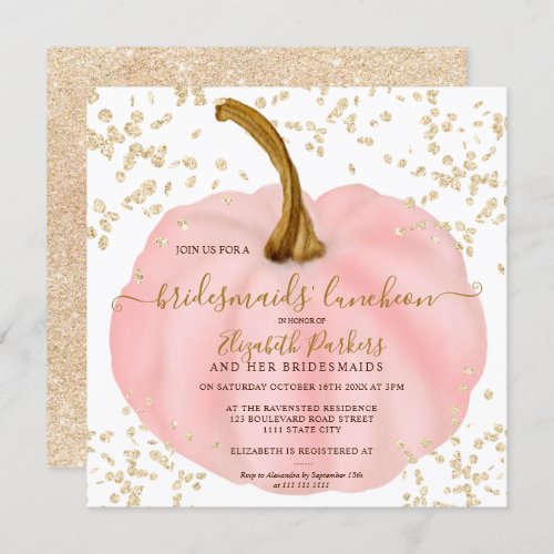 Gold glitter pink pumpkin watercolor luncheon invitation