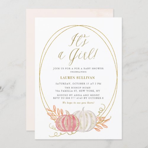 Gold Glitter Pink Pumpkins Its a Girl Baby Shower Invitation