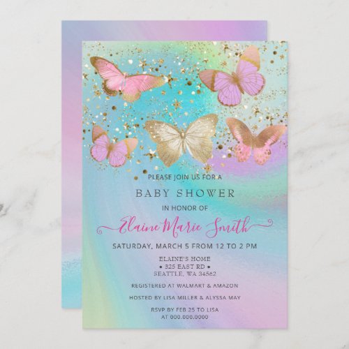 Gold Glitter Pink Purple Butterflies Baby Shower Invitation