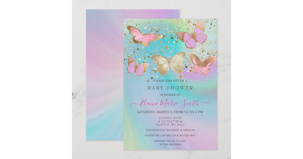Gold Glitter Pink Purple Butterflies Baby Shower Invitation Zazzle