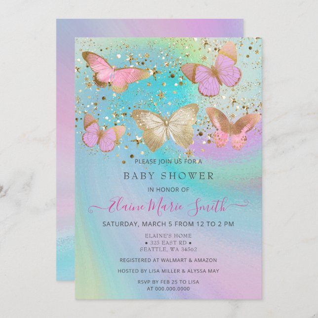 Gold Glitter Pink Purple Butterflies Baby Shower Invitation (Front/Back)