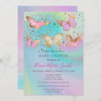 Gold Glitter Pink Purple Butterflies Baby Shower Invitation