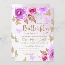 Gold Glitter Pink Purple Butterflies Baby Shower   Invitation