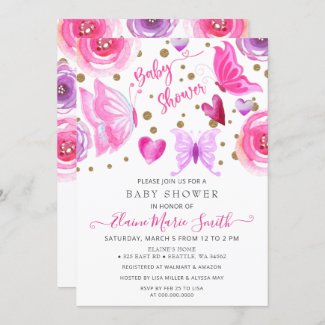 Gold and purple butterfly baby shower invitation template