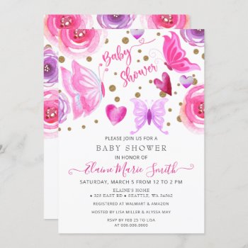 Gold Glitter Pink Purple Butterflies Baby Shower  Invitation by Invitationboutique at Zazzle