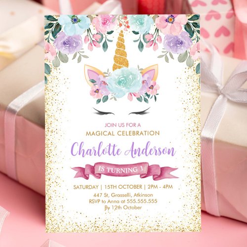 Gold Glitter Pink Purple Floral Unicorn Birthday Invitation