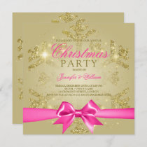 Gold Glitter & Pink Ribbon | Xmas Holiday Party  Invitation