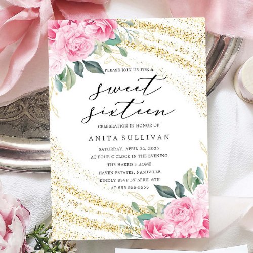 Gold Glitter Pink Rose Sweet Sixteen 16 Birthday Invitation