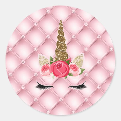 Gold Glitter  Pink Roses Unicorn Birthday Party Classic Round Sticker