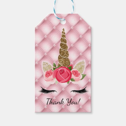 Gold Glitter  Pink Roses Unicorn Birthday Party Gift Tags