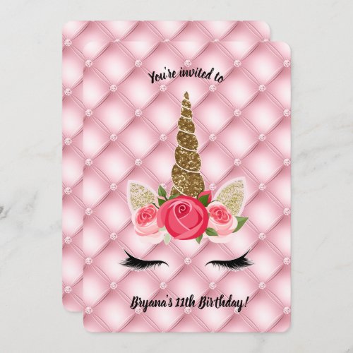 Gold Glitter  Pink Roses Unicorn Birthday Party Invitation