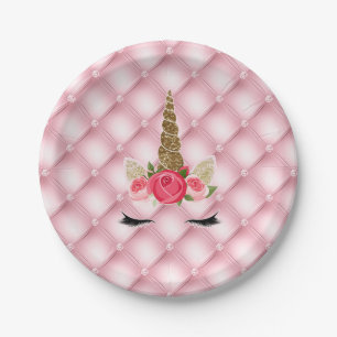 Gold Glitter & Pink Roses Unicorn Birthday Party Paper Plates