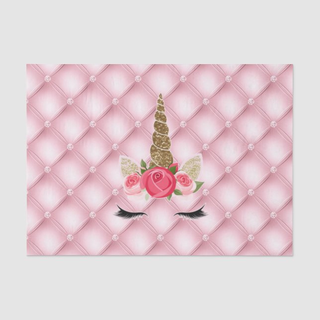 Gold Glitter & Pink Roses Unicorn Birthday Party Tissue Paper (Front)