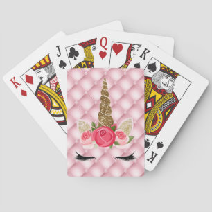 Gold Glitter & Pink Roses Unicorn Cute Trendy Poker Cards