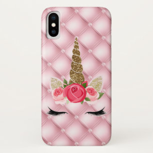 Gold Glitter & Pink Roses Unicorn Girl Trendy iPhone X Case